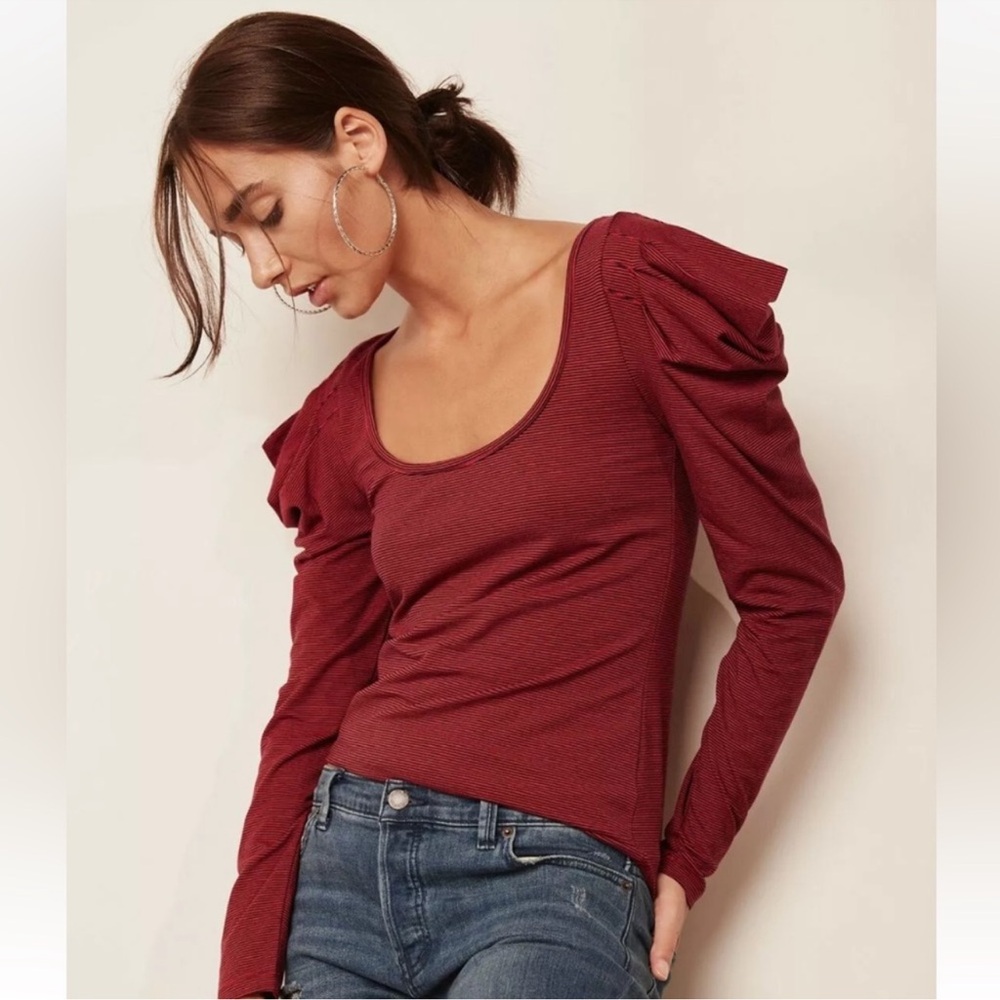 Free People Penelope Puff Sleeve Top Red Combo Small